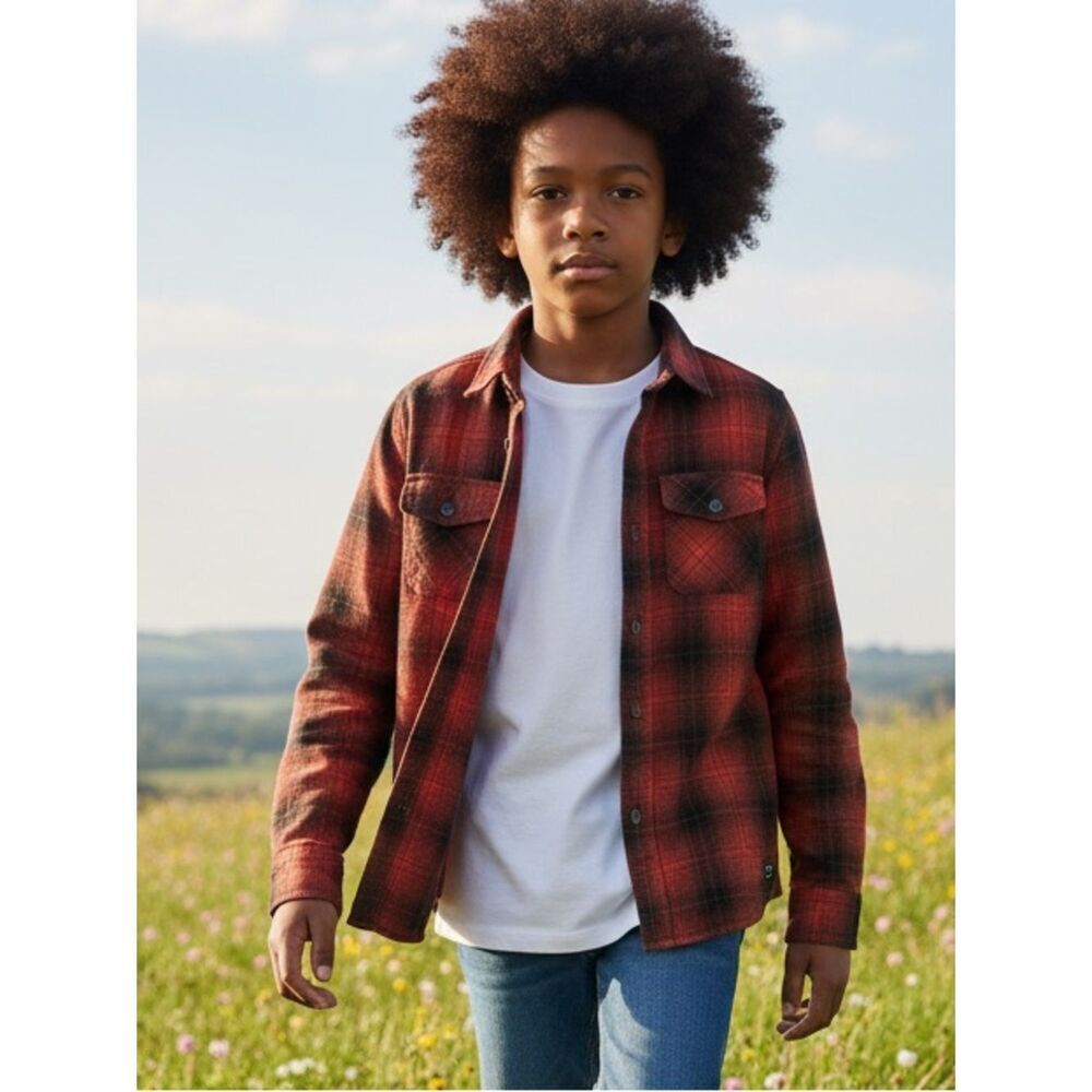 NWT RVCA Boys Day Shift Flannel Red Black Plaid Button-Up Long Sleeve Shirt - M